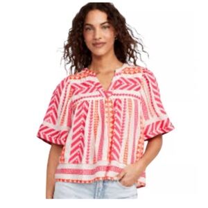 Pink and Orange Patterned Short-Sleeve Blouse